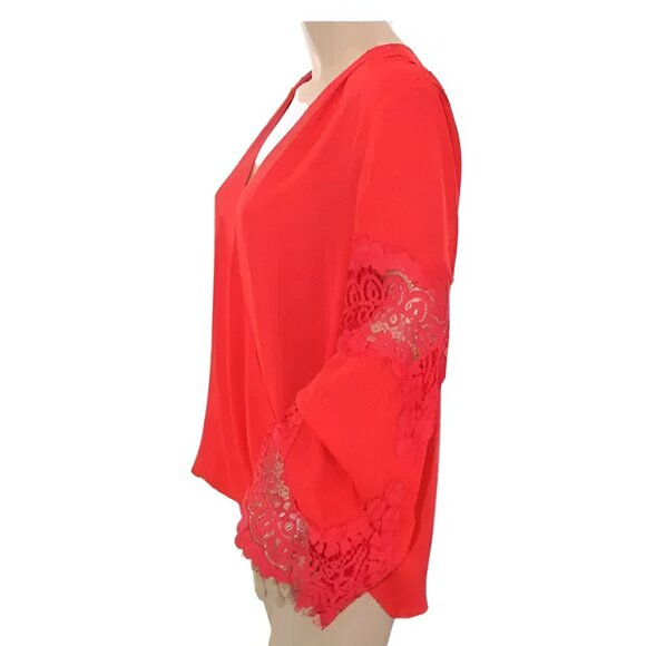 INC Christmas Red Lace Sleeve Cross Body Surplice Faux Wrap Dress Top Blouse M - Picture 3 of 8